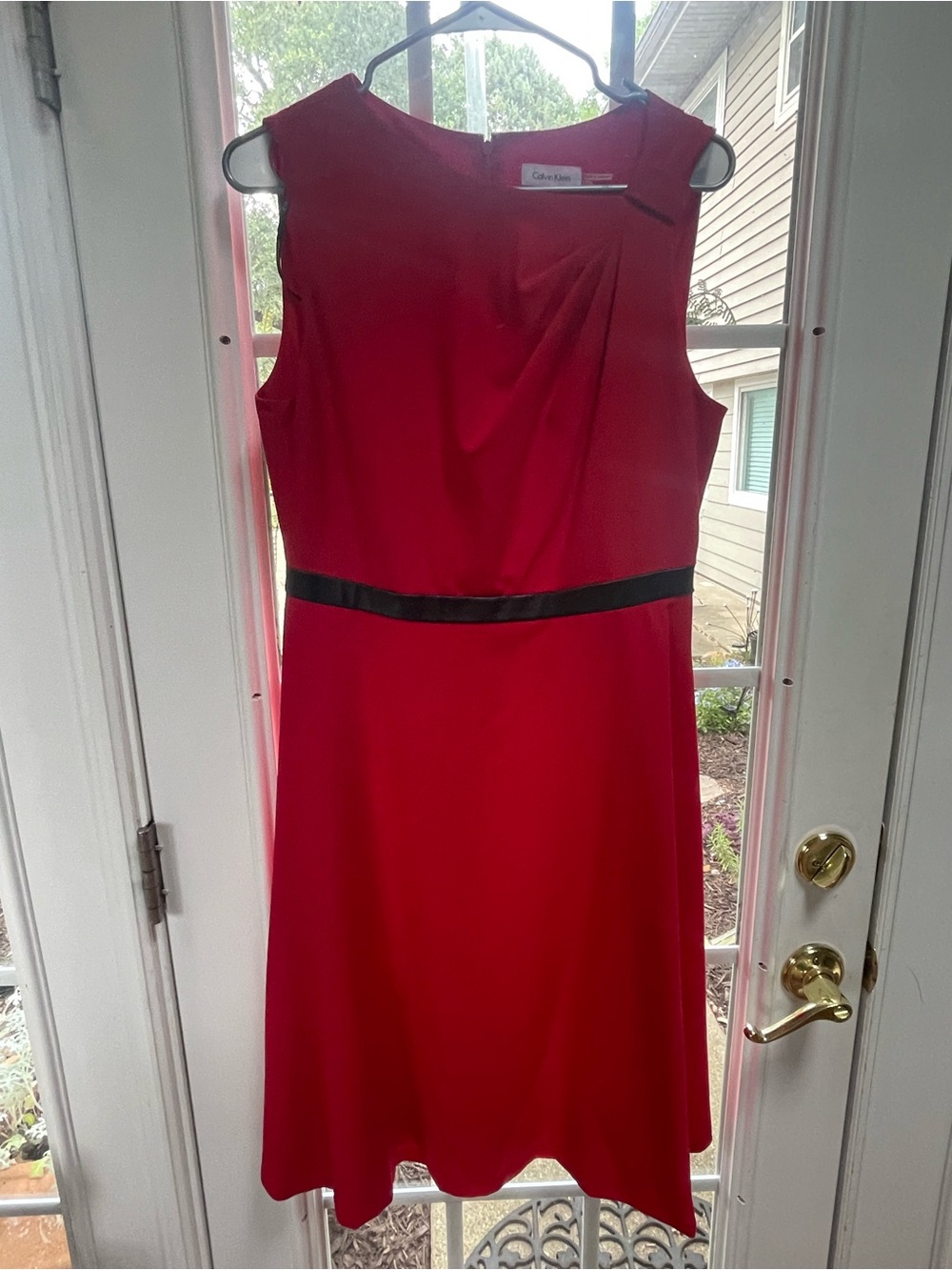 Calvin Klein Red Sleeveless Midi Dress with Black Waistband